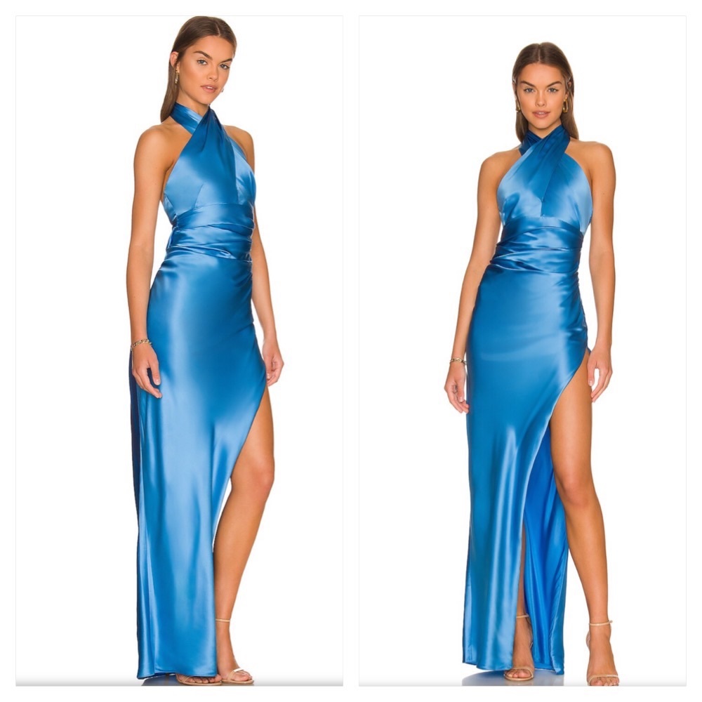 New - The Sei  Cross Wrap Halter Gown blue silk